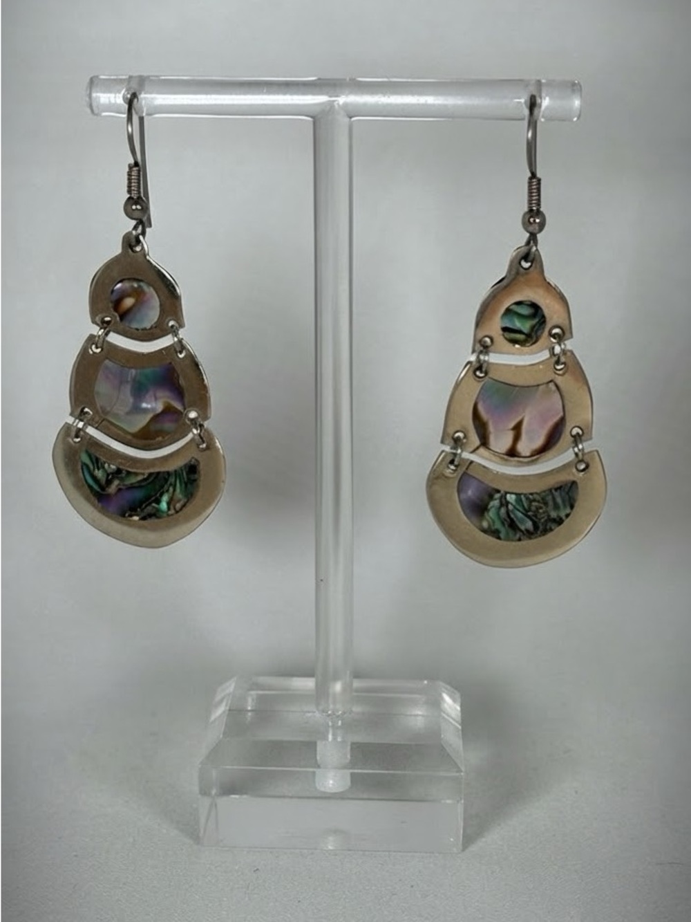 Vintage Alpaca Mexico Abalone Linked Drop Earrings Multi-Color Statement